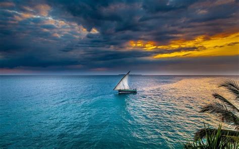 Download wallpapers sailboat, sea, sunset, tropical island, evening for ...