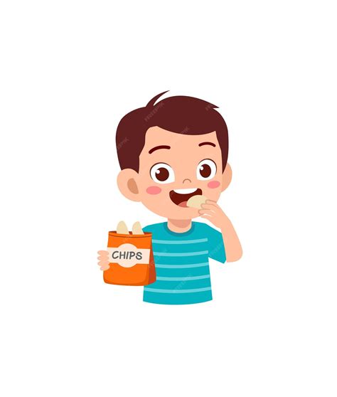 Premium Vector | Little boy eat potato chips and feel happy