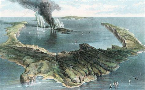 Volcano on the island of Thera (Santorini) in eruption, 1866 - Stock ...