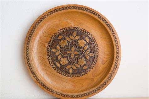 Decorative Wall Plate - Hand Carved and Painted Wood Plate with Floral ...