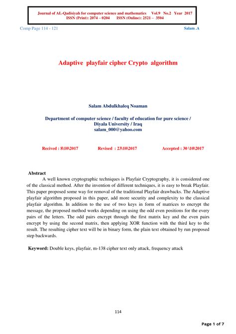 (PDF) Adaptive playfair cipher Crypto algorithm