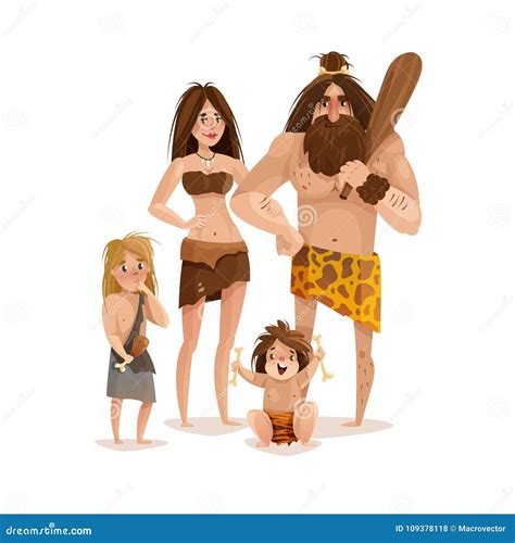 Caveman Family Hunter Muscular Man Cartoon Character Emotions Vector ...