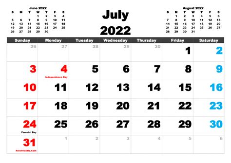 Free Printable July 2022 Calendar PDF And Image