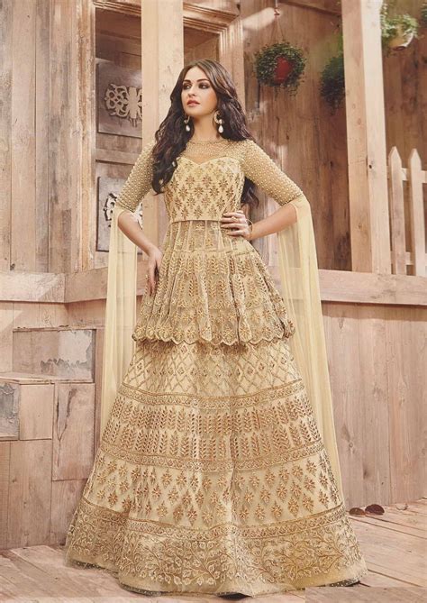 Beige and Gold Wedding Lehenga choli and Sharara -2-in-1-suit Long ...