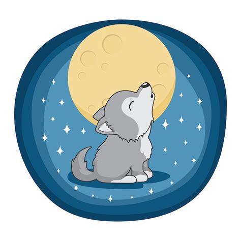 Premium Vector | Cute wolf cartoon full moon