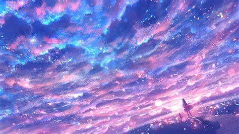 Anime Girl Blue Pink Starry Sky Nature Background Anime HD wallpaper ...