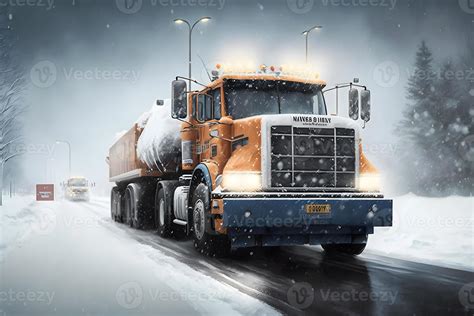 Snow plow truck cleaning snowy road in snowstorm. Snowfall on the ...