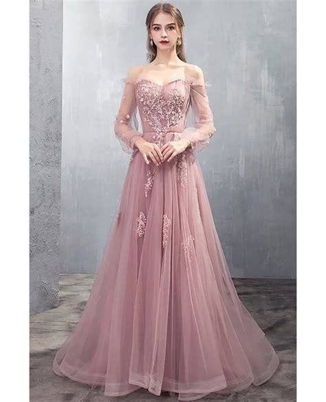 Long Tulle Rose Pink Prom Dress Off Shoulder With Appliques #DM69040 ...