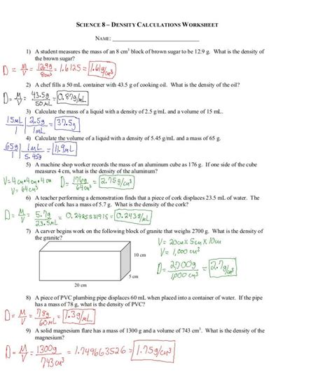 Density Calculation Worksheet 1