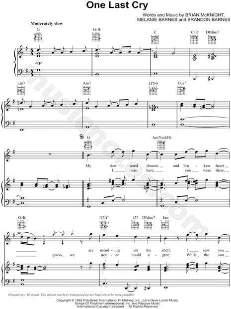 Brian McKnight "One Last Cry" Sheet Music in G Major (transposable ...