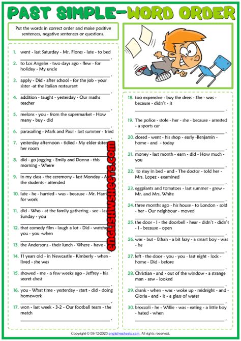 Past Simple Tense ESL Word Order Exercise Worksheet