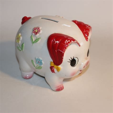 Piggy Bank Clay China Female Pig Embossed Flower Design - Antique Toy World