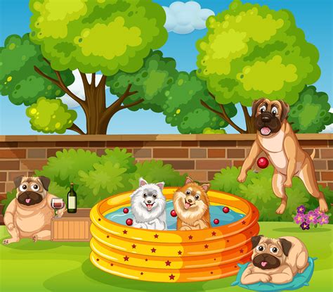 Many dogs playing in the park 6093534 Vector Art at Vecteezy