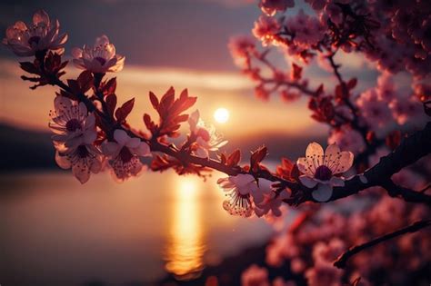 Premium Photo | A sunset over the water with a branch of cherry blossoms