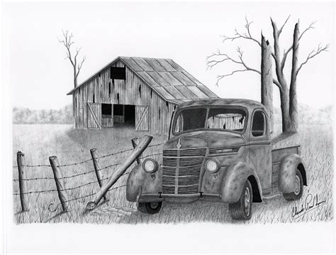 Print of My Drawing of Abandoned Truck With Fence and Old Barn - Etsy