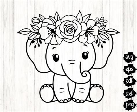 Baby Elephant SVG Elephant with Flower Crown SVG Floral | Etsy