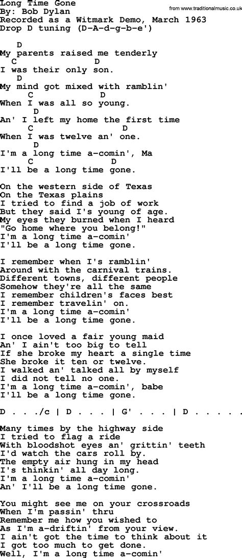 Bob Dylan song - Long Time Gone, lyrics and chords