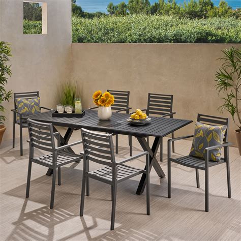 Noxx Outdoor Modern 6 Seater Aluminum Dining Set with Expandable Table ...