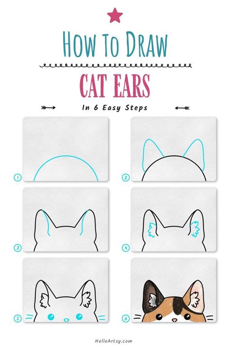 Step by step images illustrating how to draw cat ears Cat Drawing For ...