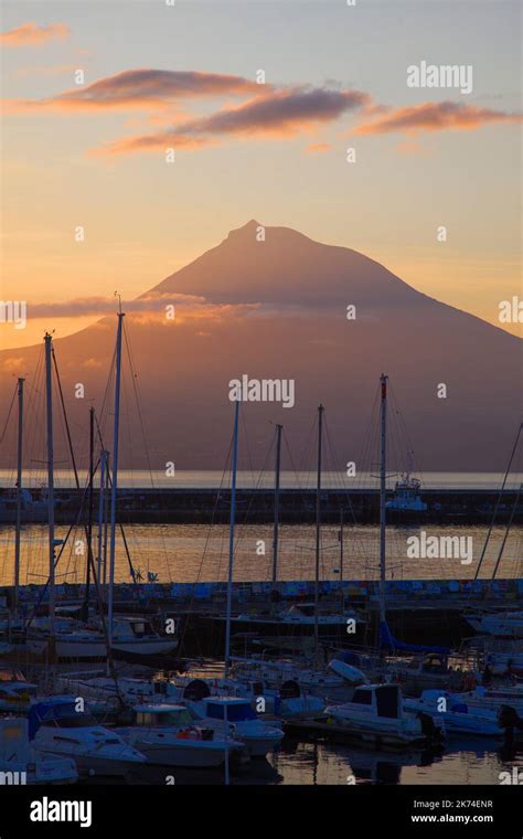 Portugal, Azores, Pico Island, Ponta do Pico volcano, seen from Horta ...