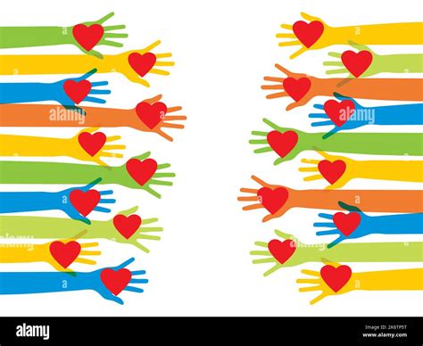 Hands of volunteers. Hands with heart in vector illustration. Charity ...