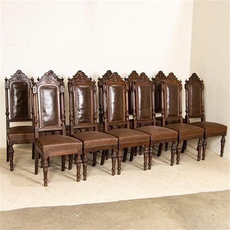 Antique Set of 12 High Back Oak Brown Leather Dining Chairs With Carved ...