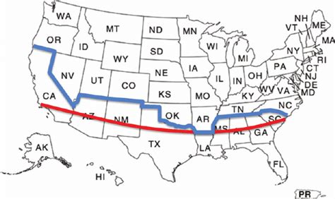 Map of the United States demonstrating the 33rd parallel (red line ...