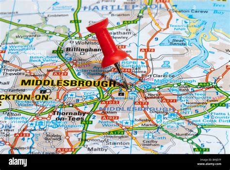 red map pin in road map pointing to city of Middlesbrough Stock Photo ...