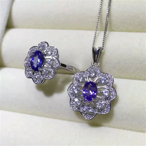 Luxurious natural tanzanite silver jewelry set silver tanzanite ring ...