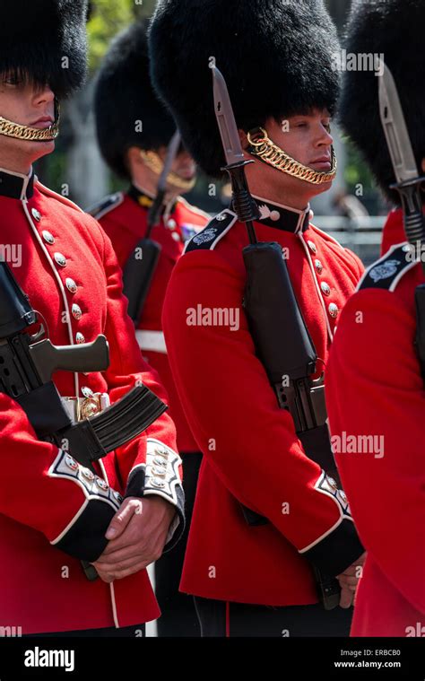 British soldiers wearing red ceremonial uniforms lined up on parade ...