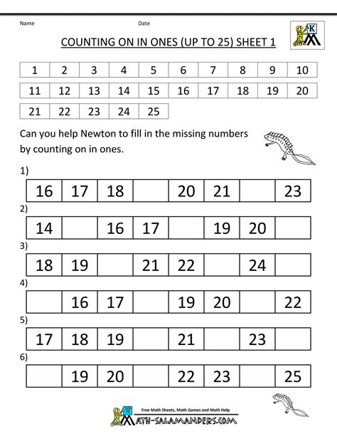 Kindergarten Counting Worksheets - Sequencing to 25