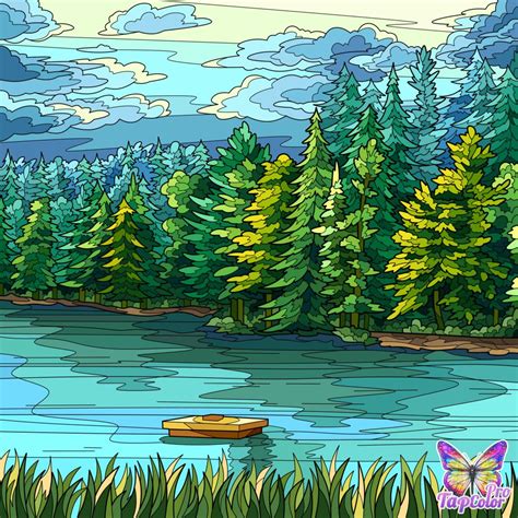 a painting of a lake with trees and a boat in the water next to it