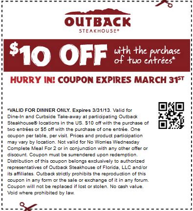 $10 off a couple entrees at Outback Steakhouse coupon via The Coupons ...