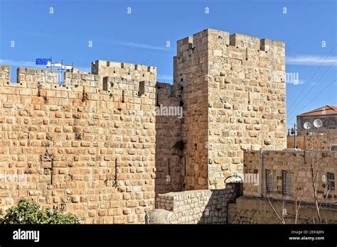 Western wall of the Old City of Jerusalem. A 16th century fortress wall ...