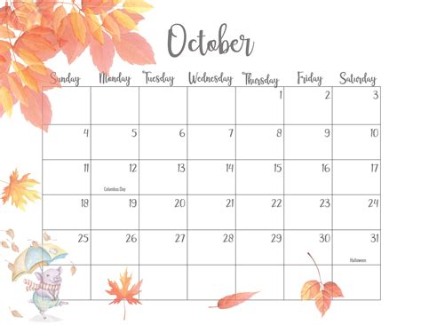 October Calendar Printable Free