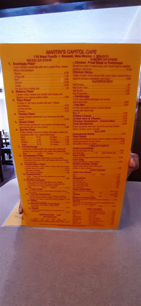 Menu at Martin's Capitol Cafe, Roswell