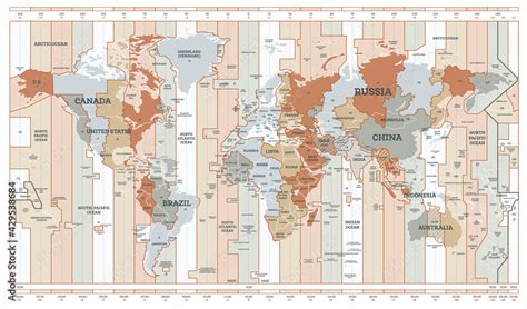 Time Zone Map. Detailed World Map with Countries Names. Stock Vector ...