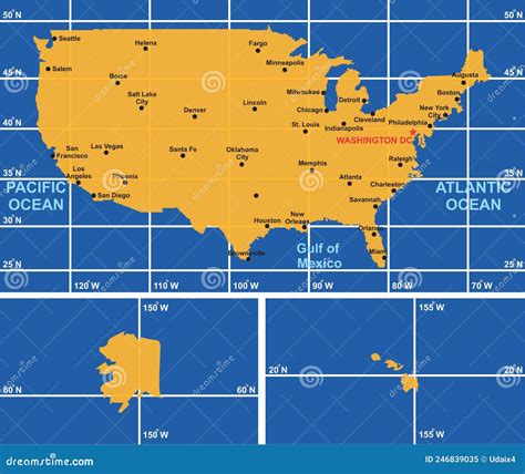 USA Map Infographic Diagram with All Surrounding Oceans Main Cities ...