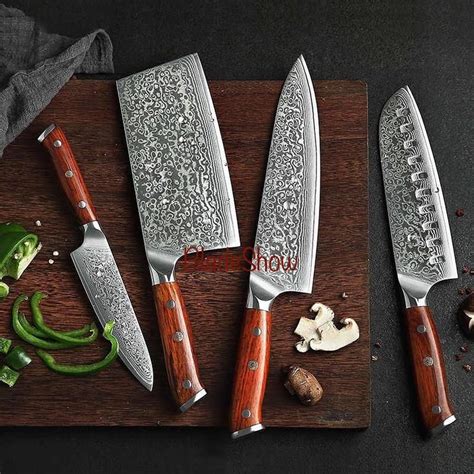 Damascus Chef Knife Set with Cleaver 4 pieces Rosewood Stainless Steel ...