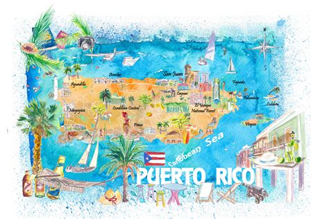 Puerto Rico Illustrated Caribbean Travel Map with Highlights | Etsy