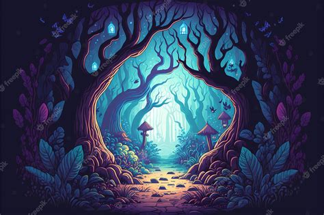 Premium Photo | Background mystical forest illustration, Cartoon Style ...