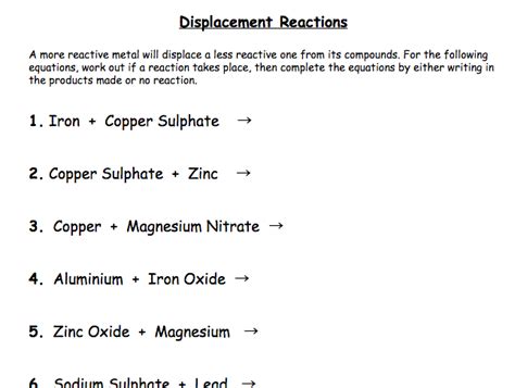 Displacement Reaction Worksheet | Free Worksheets Samples