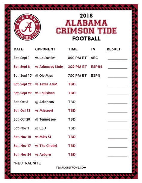 Printable 2018 Alabama Crimson Tide Football Schedule