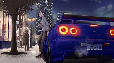 Download Girl Leaning On A Nissan Skyline Car Anime Wallpaper ...