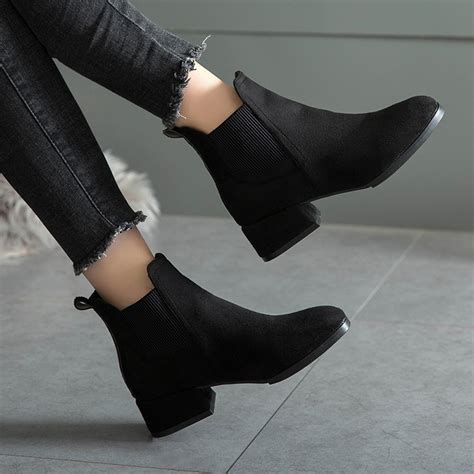 Black Ankle Boots for Women Thick Heel Slip on – fucha Fashions