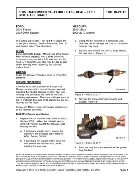 6F35 TRANSMISSION—FLUID LEAK—SEAL—LEFT TSB 10-21-11 SIDE HALF ...