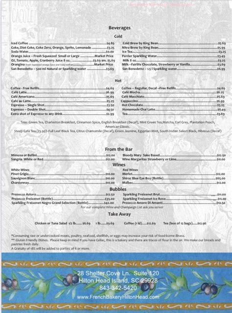 Menu at French Bakery, Hilton Head Island, 28 Shelter Cove Ln