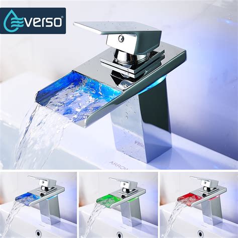 LED light Waterfall Faucet Bathroom Sink Basin Taps mixer vessel chrome ...