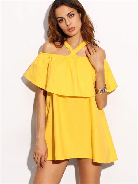 Yellow Crossover Cold Shoulder Ruffle Dress -SheIn(Sheinside)