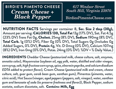 Nutrition Facts | Birdie's Pimento Cheese